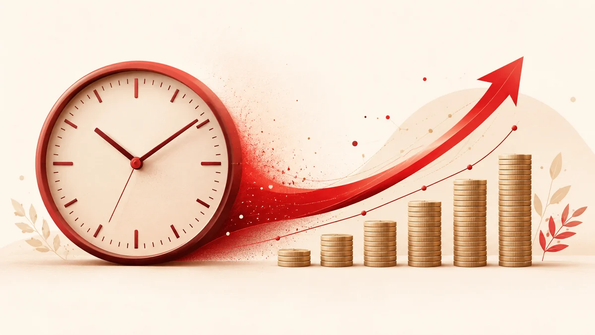 Saat kadranından çıkan kırmızı okun madeni para yığınlarına ve yükselen büyüme eğrisine dönüştüğü illüstrasyon