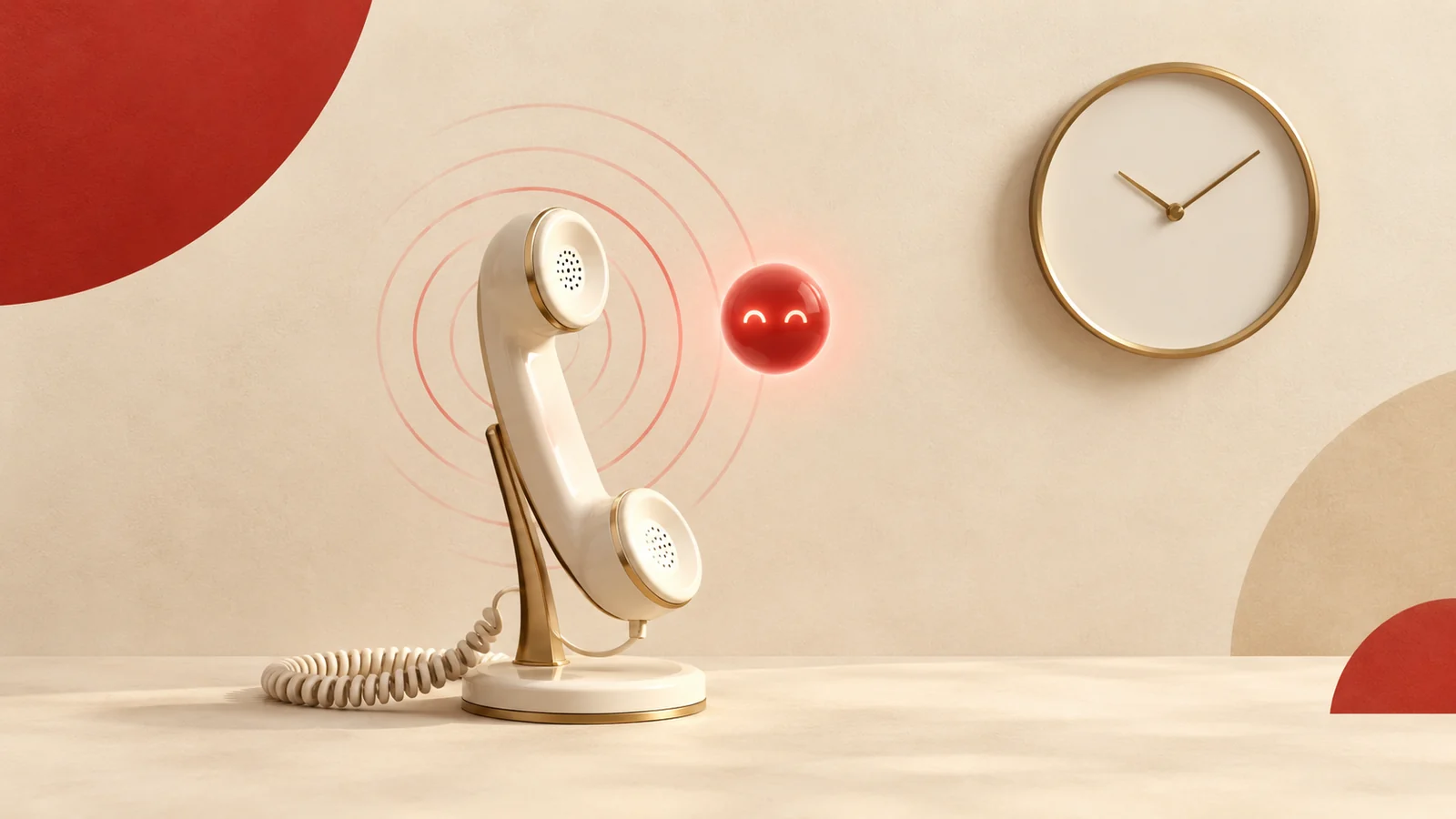 Krem zeminde çalan bir telefon ahizesinin etrafında kırmızı halka halka ses dalgaları ve yanında 7/24'ü çağrıştıran yuvarlak bir saat