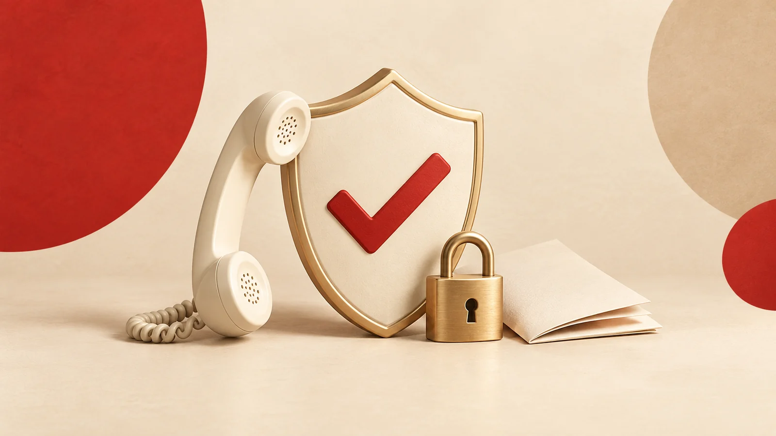 Krem zeminde onay işaretli kırmızı bir kalkan ve yanında ince çizgilerle çizilmiş bir telefon ahizesi