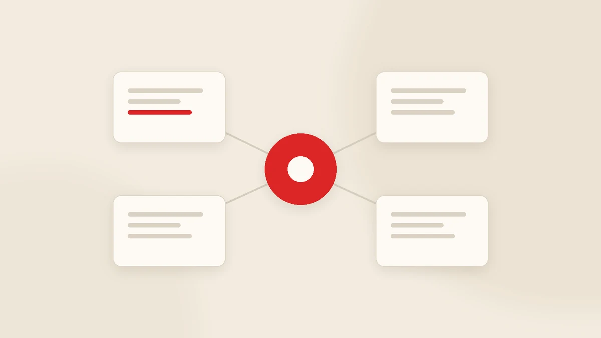 Four module cards connected to a red hub in the centre of a plain system diagram