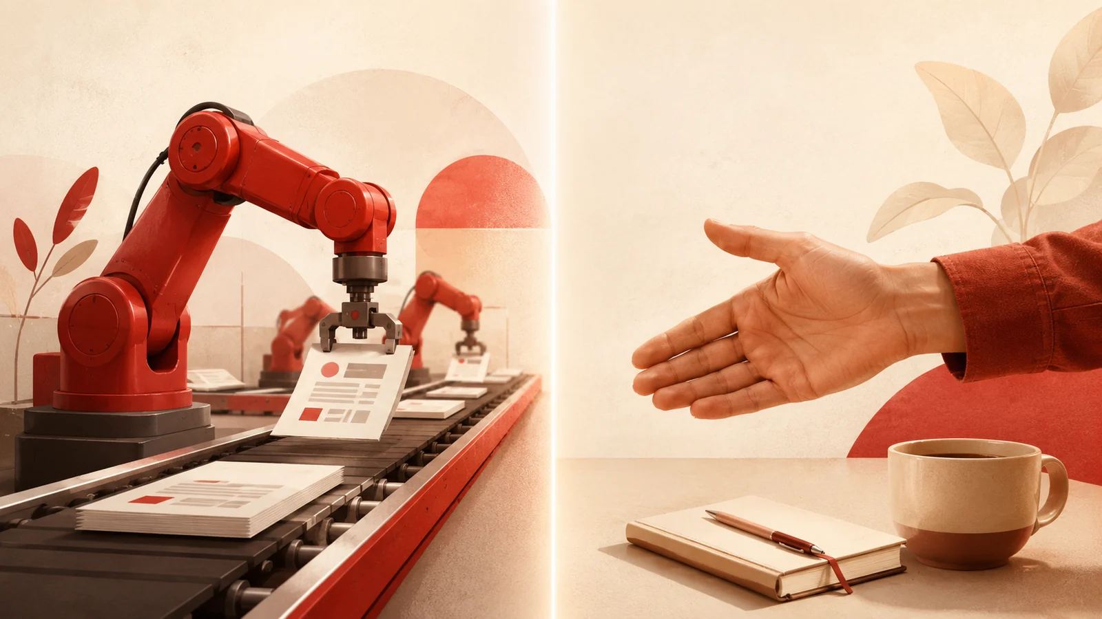 Solda tekrarlı işleri yapan kırmızı robot kolu, sağda el sıkışmaya uzanan insan eli — ikiye bölünmüş illüstrasyon
