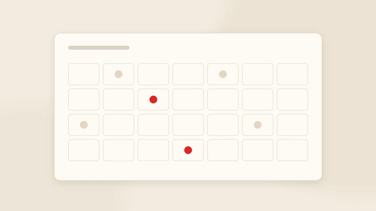 A plain monthly calendar grid with marked days