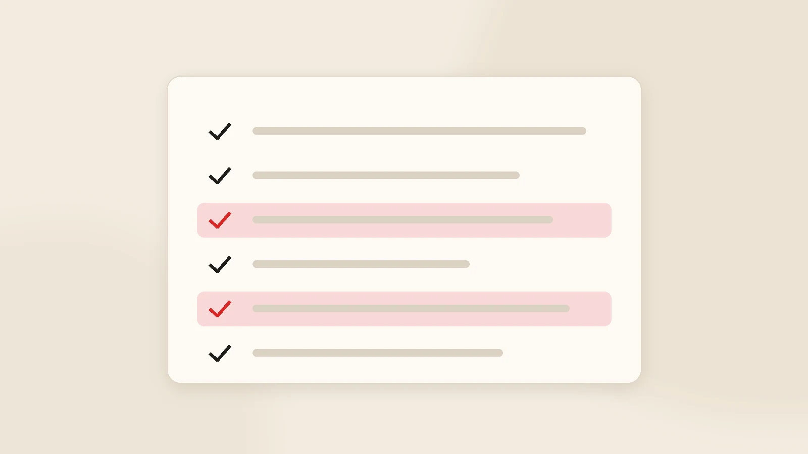 A checklist with ticks and two rows highlighted in red