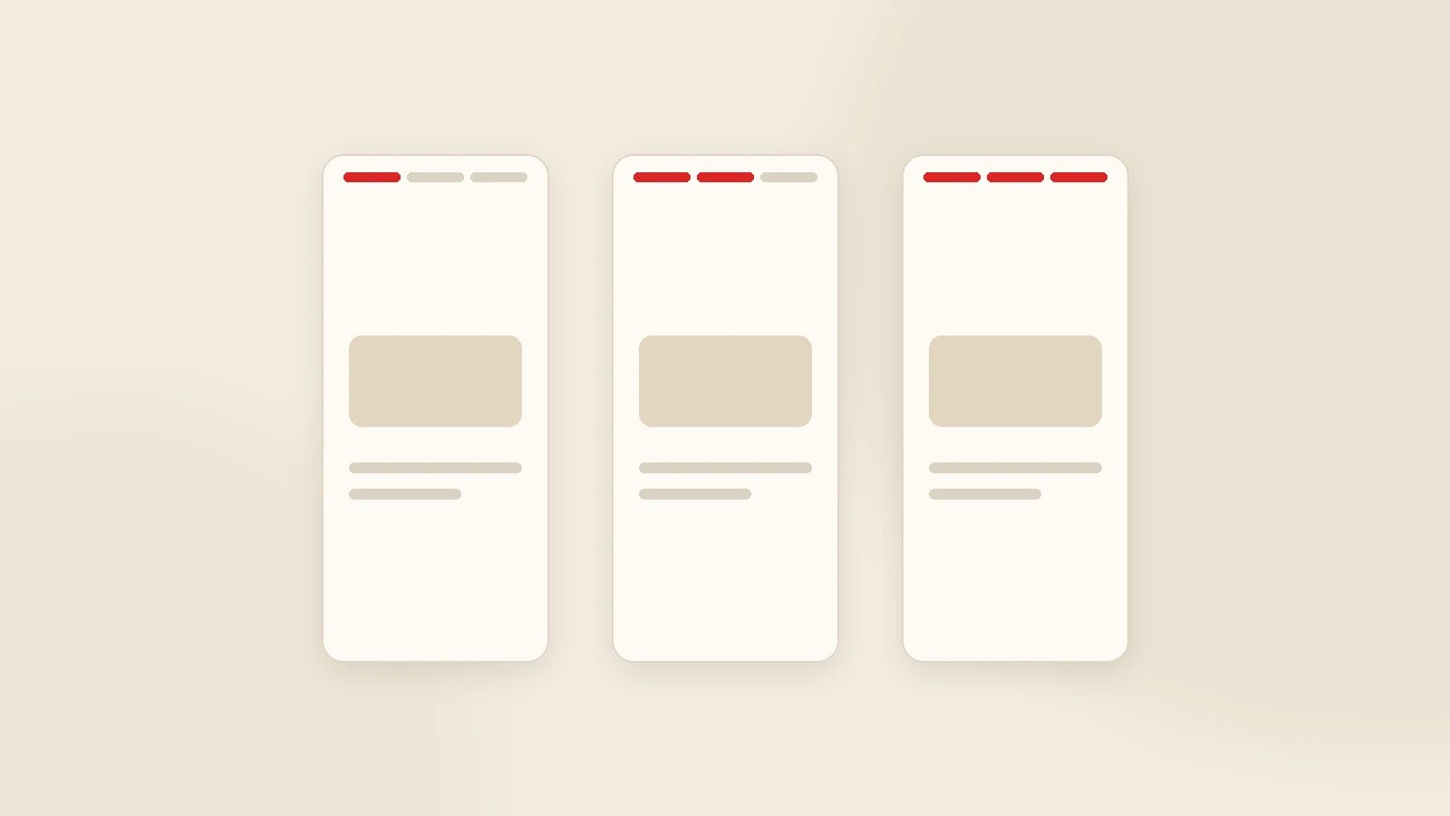 Three vertical story frames with red progress bars along the top