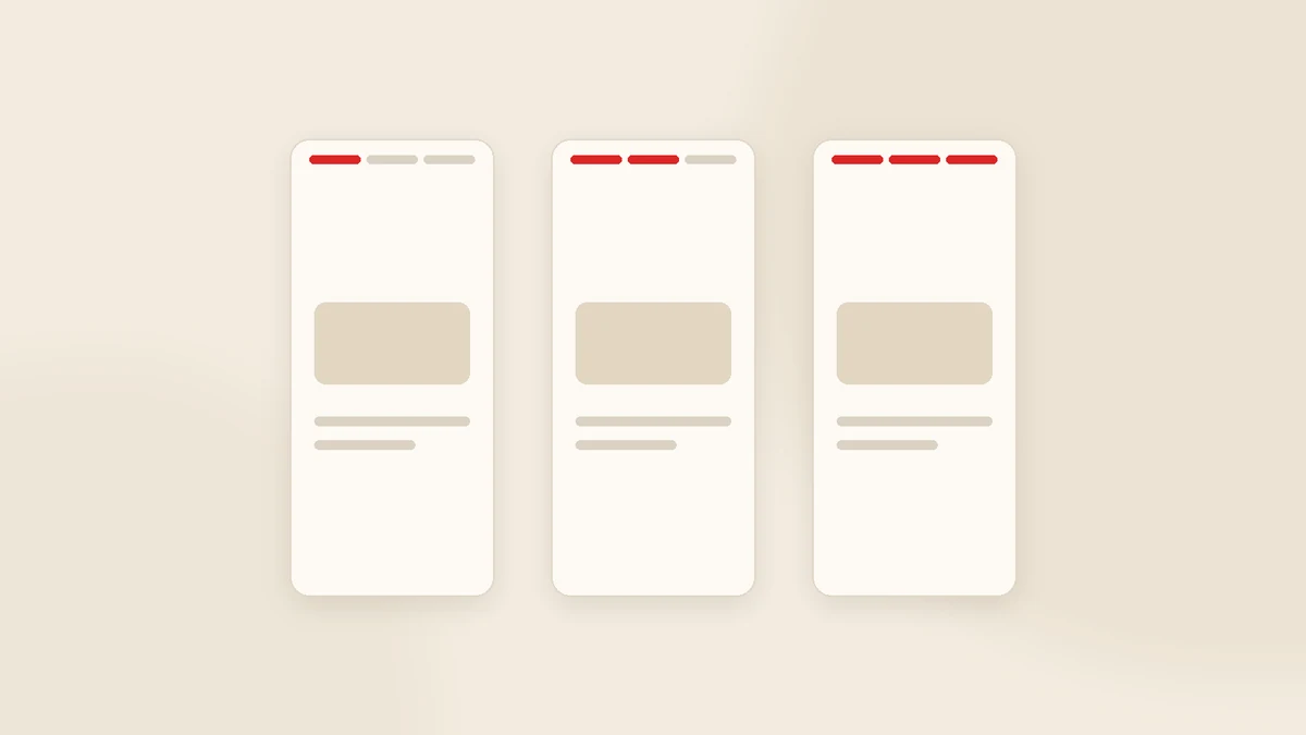 Three vertical story frames with red progress bars at the top