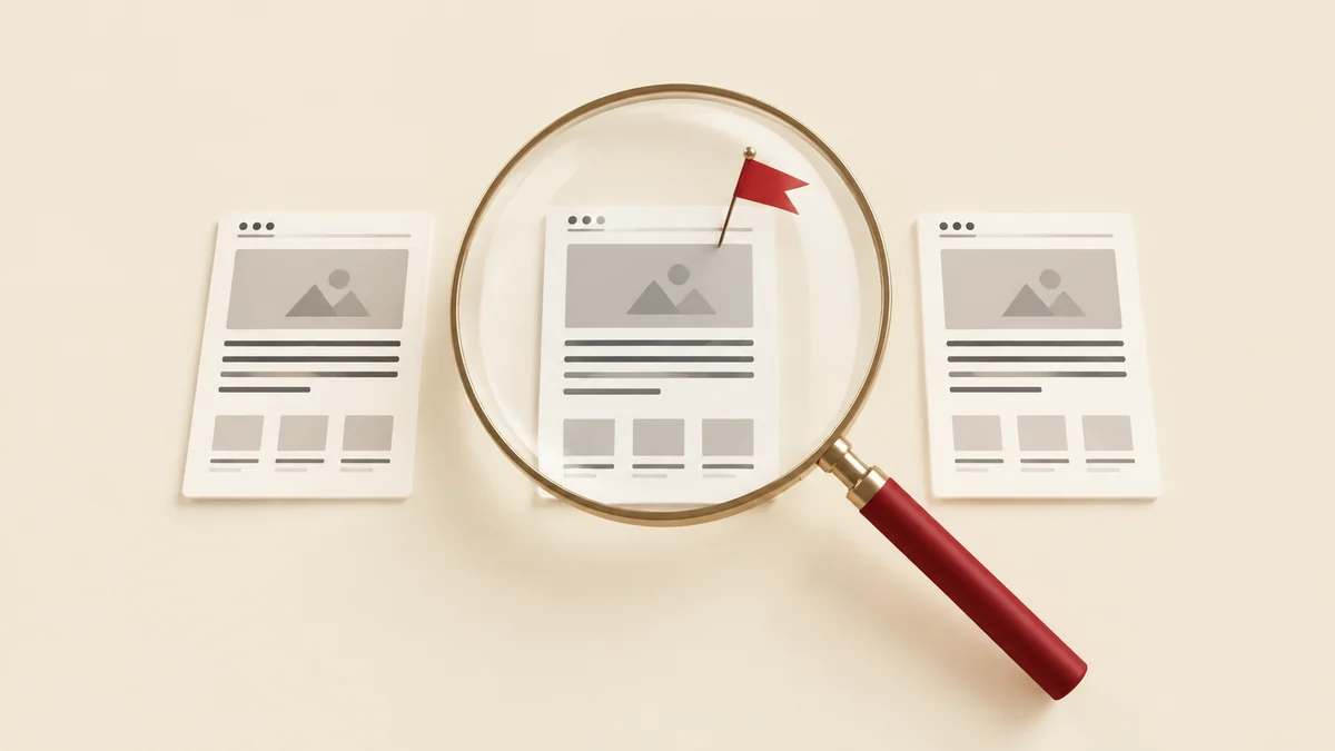 Üç farklı web sitesi teklifinin bir büyüteçle incelendiği ve birinin üzerinde küçük kırmızı bir bayrak bulunan karşılaştırma illüstrasyonu