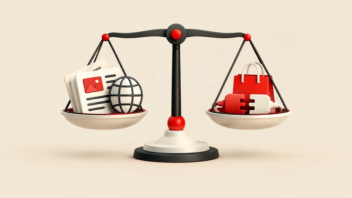 Sayfa, dil, ödeme ve entegrasyon bloklarının bir terazinin kefelerine yerleştirildiği web sitesi maliyet dengesi illüstrasyonu